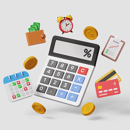 3D illustration of a calculator surrounded by coins, a wallet, clock, calendar, credit cards, and a budget sheet on a light background.