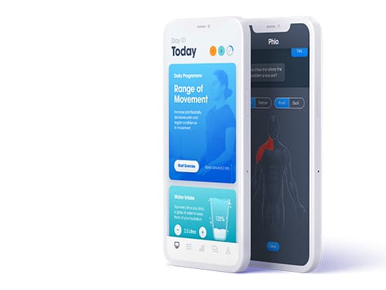 Two smartphones showing the Phio Access and Phio Engage apps