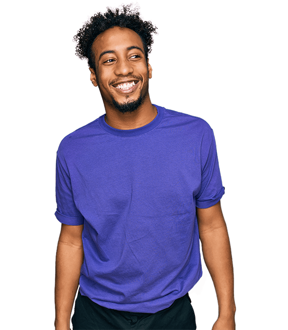 Man smiling wearing purple top
